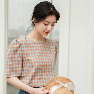 Plaid Short-sleeve Blouse Plaid - One Size