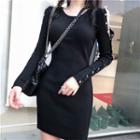 Long-sleeve Cutout Knit Dress Black - One Size