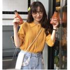 Short-sleeve Knit Top / Flower Brooch