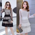 Pleated Trim Long Sleeve Lace Dress
