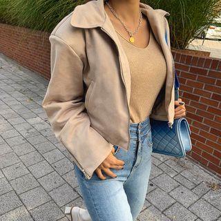 Collared Faux-suede Zip-up Jacket