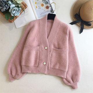 V-neck Plain Cropped Cardigan Pink - One Size