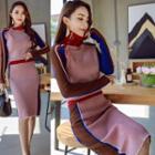 Mock Neck Zipped Color Block Knit Midi Dress