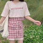 Set: Short-sleeve Lettering T-shirt + Plaid Mini Fitted Skirt
