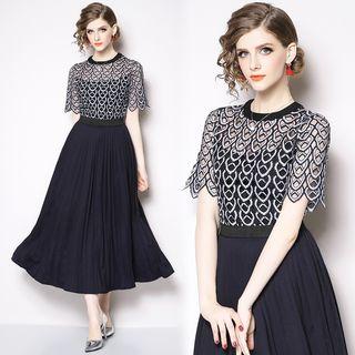 Lace Panel Short-sleeve Midi Party Dress