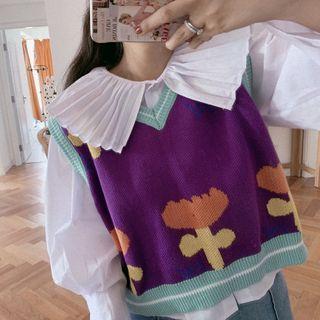 Floral Print Knit Vest Vest - Purple - One Size