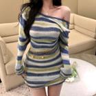 Striped Knit Mini Sheath Dress Stripe - Blue & White - One Size