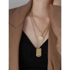 Stainless Steel Lettering Tag Pendant Necklace Necklace - Double Layer - Disc & Oval Tag - Gold - One Size