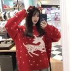 Deer Print Oversized Sweater Red - One Size