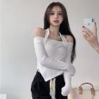 Long-sleeve Cold-shoulder Asymmetrical Top White - One Size