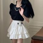 Short-sleeve Frill Trim Chained Top / Tiered Mini Skirt