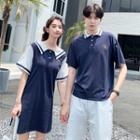 Couple Matching Contrast Trim Short-sleeve Collared Dress / Short-sleeve Polo Shirt / Plain Shorts