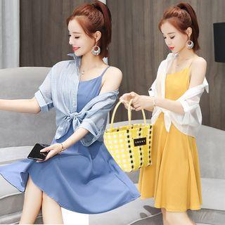 Set: Plain Shirt + Spaghetti Strap Mini A-line Dress
