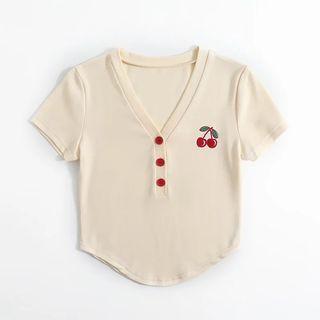Cherry Printed Short-sleeve Half-button Crop Top