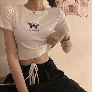 Butterfly Embroidered Cropped T-shirt