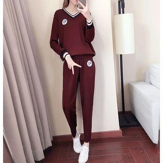 Set: Contrast Trim V-neck Sweater + Sweatpants