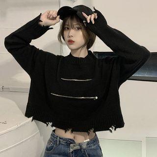 Distressed Zip Detail Sweater Black - One Size