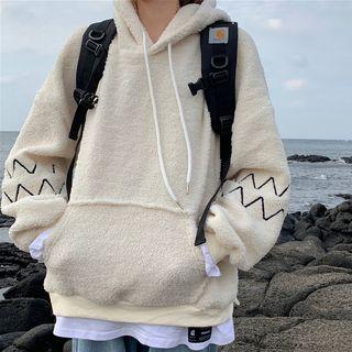Mock Two-piece Embroidered Faux Shearling Hoodie
