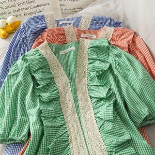 Lace-trim Checker V-neck Blouse