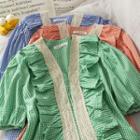 Lace-trim Checker V-neck Blouse