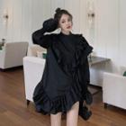 Flared-cuff Ruffled A-line Dress Black - One Size