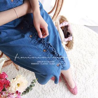 Tab-sleeve Frilled-detail Denim Dress