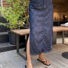 Slit-side Stitched Long Denim Skirt
