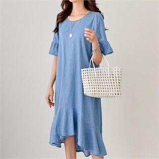Ruffle-trim Denim Dress Light Blue - One Size