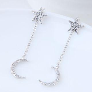 Rhinestone Moon & Star Dangle Earring Silver - One Size