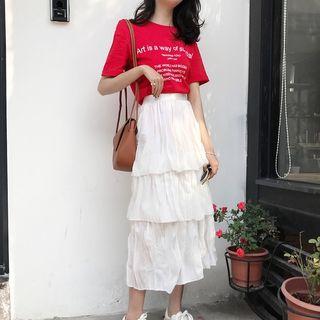 Lettering Short-sleeve T-shirt / Midi Tiered Skirt