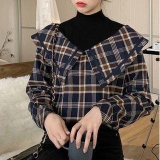 Mock Two-piece Mock-neck Plaid Blouse
