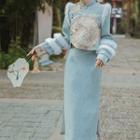 Long-sleeve Furry Trim Embroidered Slit Dress