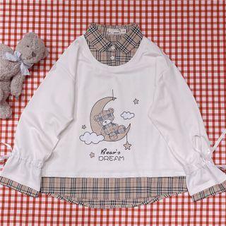 Mock Two-piece Plaid Trim Sweatshirt White - One Size