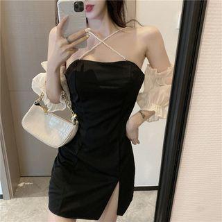 Cold-shoulder Faux Pearl Strap Mini Sheath Dress