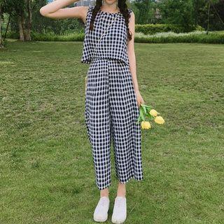 Set: Plaid Sleeveless Top + Cropped Wide-leg Pants