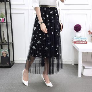 Star Print Sheer Panel Midi Skirt