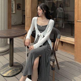 Spaghetti Strap Slit Midi A-line Dress / Cardigan
