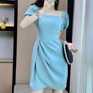 Puff-sleeve Wrap Mini Sheath Dress