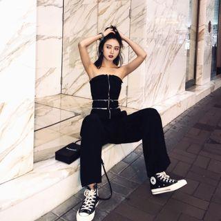Contrast Trim Strapless Wide-leg Jumpsuit