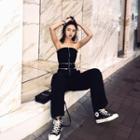 Contrast Trim Strapless Wide-leg Jumpsuit