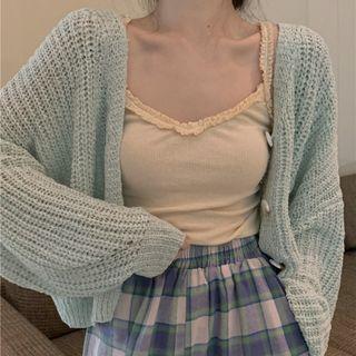 Plain Cardigan / Camisole Top / Plaid Wide-leg Pants