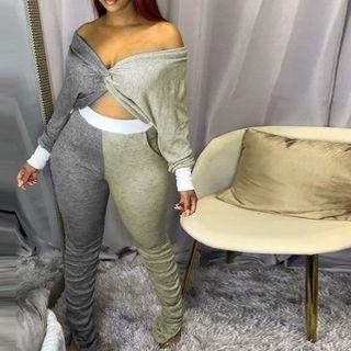Set: Color Block Off-shoulder Cropped Pullover + Harem Pants