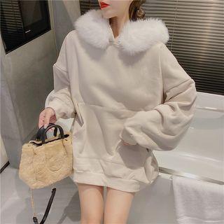Long-sleeve Faux-fur Hooded Loose-fit Top