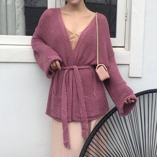 Plain Open-front Knit Cardigan With Sash