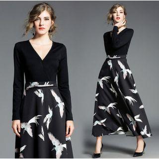 Crane Print Panel Long Sleeve Maxi Dress