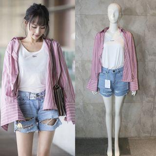 Striped Shirt / Lettering T-shirt / Distressed Denim Shorts