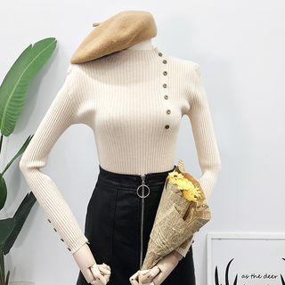 Buttoned Mock-neck Knit Top