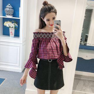 3/4-sleeve Off Shoulder Plaid Blouse