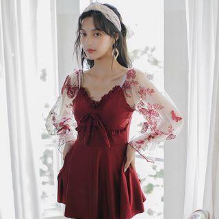 Long-sleeve Butterfly Embroidered Swimdress