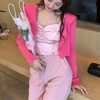 Plain Long-sleeve Knit Cardigan / Plain Strap Top / High-waist Pants